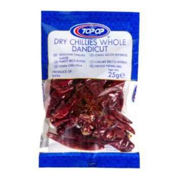 Top-Op Chillies Whole Dandicut 25g – high-quality dried chilies with intense heat and rich flavor, perfect for curries and sauces.