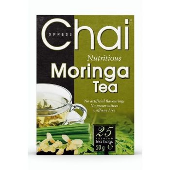 Chai Xpress Moringa Tea – a healthy and caffeine-free tea with the earthy flavor of moringa.