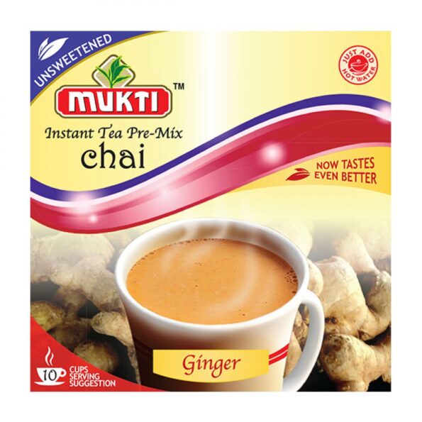 Mukti Instant Tea Pre-Mix Chai Ginger Unsweetened 10 Sachets – zesty and unsweetened ginger chai ready instantly.