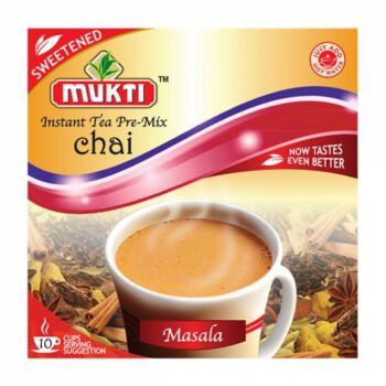 Mukti Instant Tea Pre-Mix Chai Masala Sweetened 10 Sachets – rich and flavorful masala chai ready instantly.